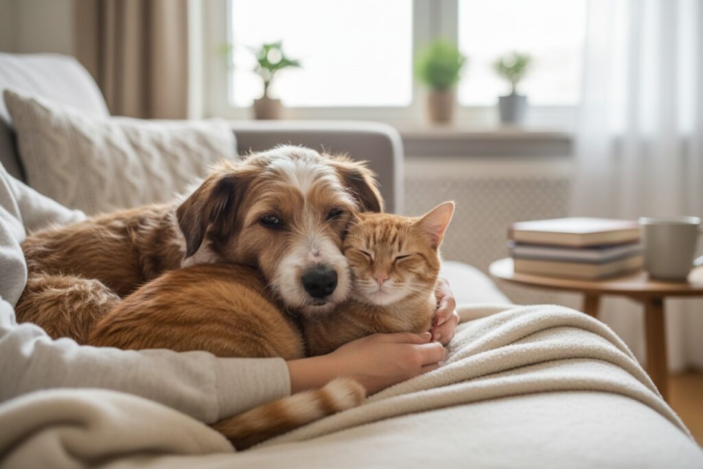 proporção da imagem a mesma que etsa no site sem alteracao. imagem que tenha um cao e um gato os dois sem raca definida. os dois juntos no colo de uma pessoa, demonstrando felicidade, seguranca e qualidade de vida em casa. nao pode aparecer rosto de humano. uma imagem cujo foco seja os animais nao moveis da casa